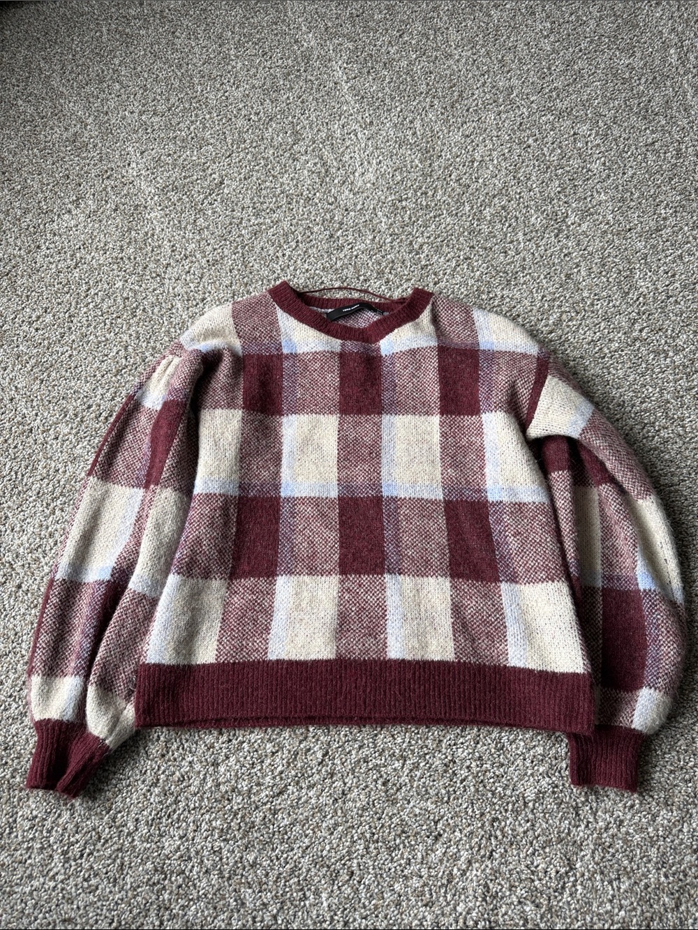 Plaid Crewneck Sweater in Burgundy and Light Gray